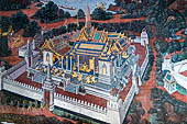 Detail of 'Ramakien' mural painting  - temple of the Emerald Buddha, Bangkok . Architectural elements in the panels are adapted from the real palaces and temples of the capital. 